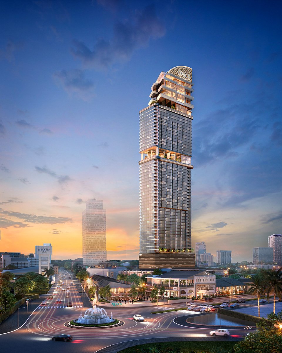 Once Wongamat — tower exterior at dusk, opposite Dolphin Circle